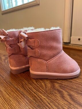NEW! Kids Pink Faux-Suede Cozy Boot with Bow Detail